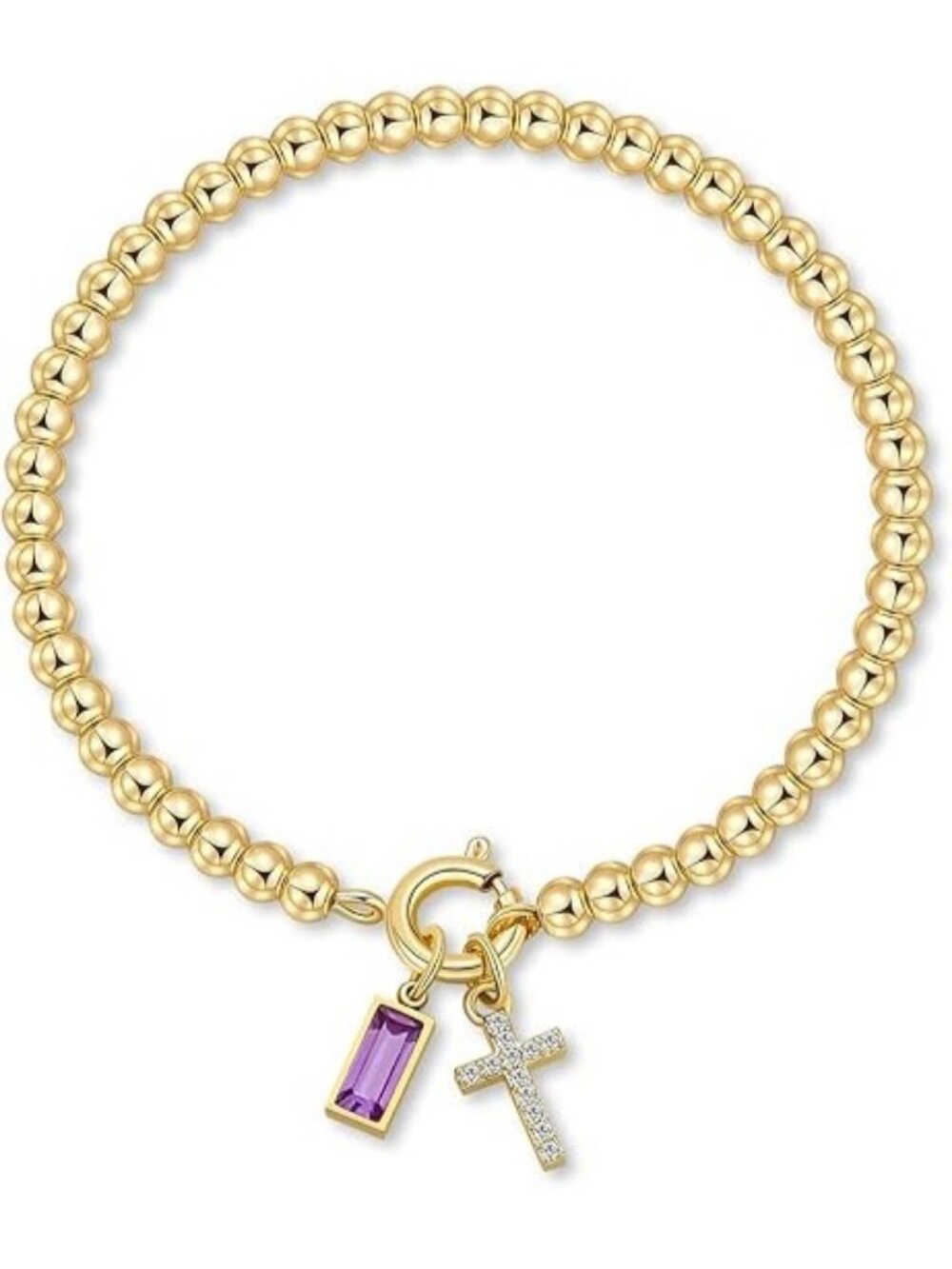 02-February(Amethyst) Cross Birthstone Elastic 14K Gold Plated Bead Bracelet